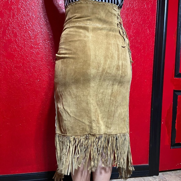 T4 West Tan Fringe Genuine Leather Skirt - Picture 5 of 11